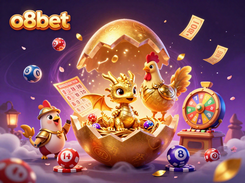 Experience excitement with o8bet as the golden dragon nests on poker chips amidst dynamic lottery elements.