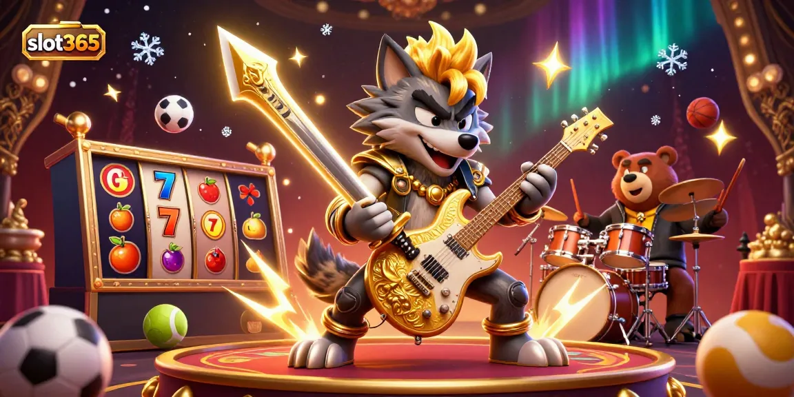 Experience the excitement of slot365 with dynamic slots, golden trophies, and a vibrant casino stage.