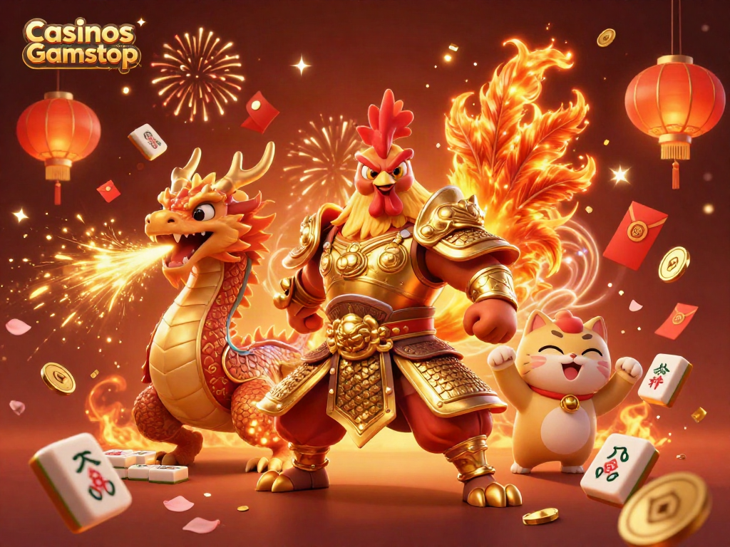 Engaging illustration of Casinos not on Gamstop featuring a roaring rooster warrior and a dragon hatchling amidst casino elements.