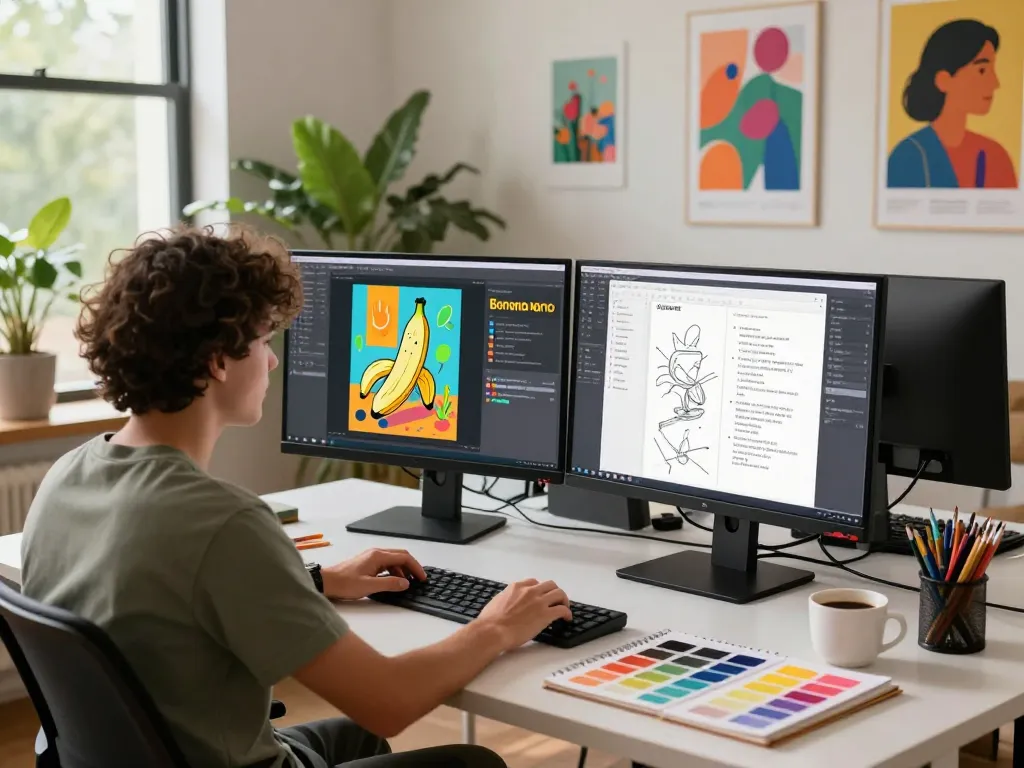 Creative workspace featuring an artist using nano banana ai for vibrant image generation and editing.