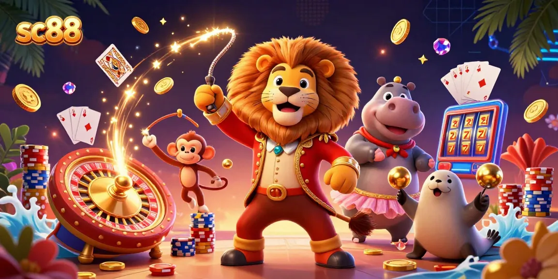 Engage with thrilling actions on sc88, featuring a lively circus scene with casino games and characters.