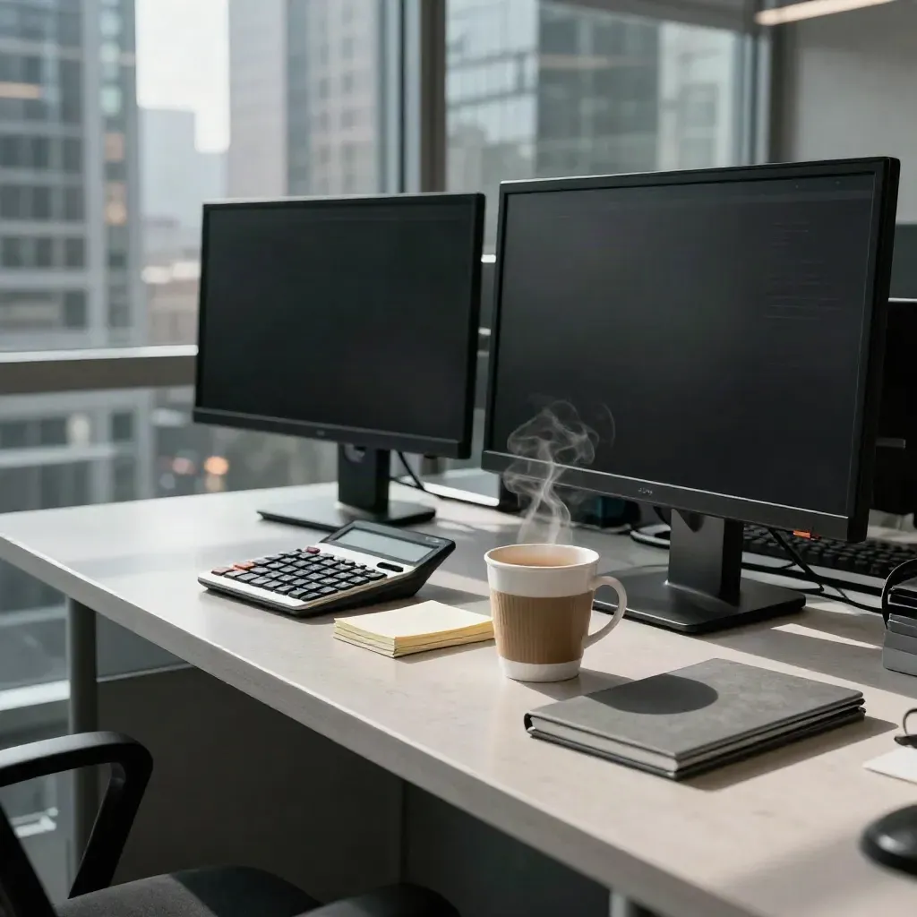 City trading desk at market open with calculator, coffee and monitors in a glass office