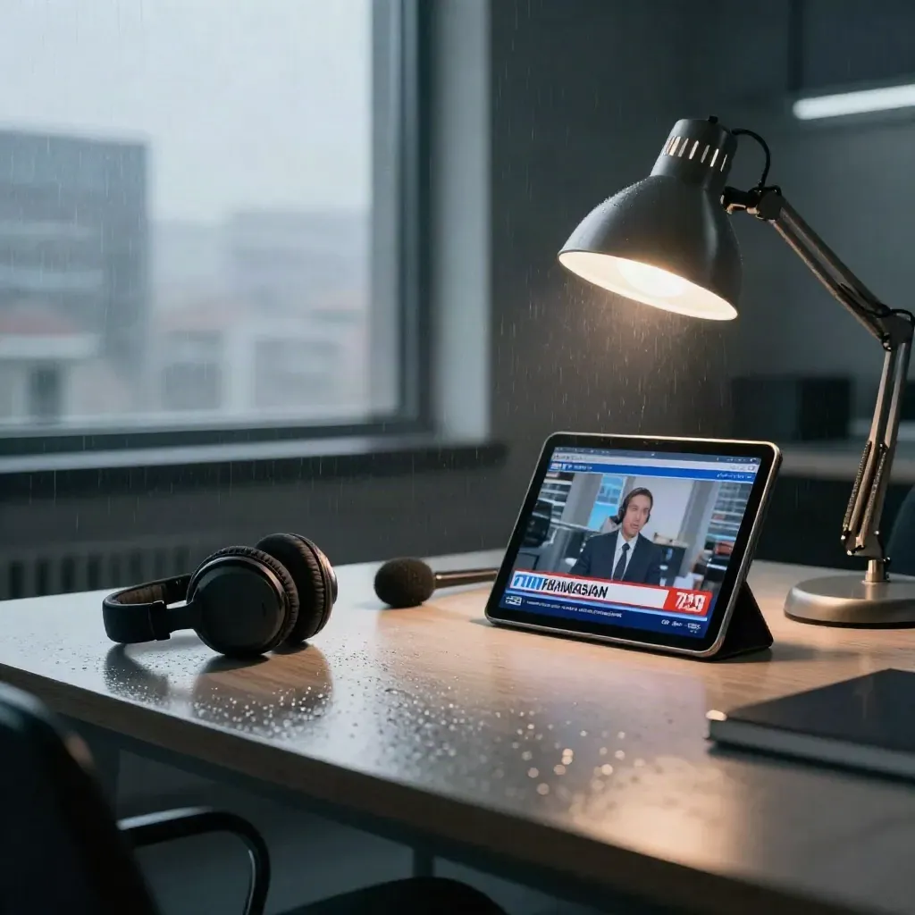 Tablet, mic and headphones on a rain-speckled newsroom table at dawn.