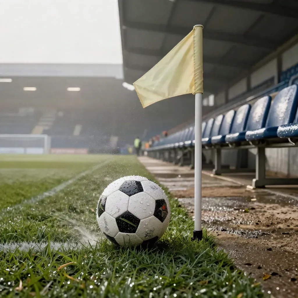Sleet-whipped football touchline with ball, corner flag and empty bench seats under floodlights