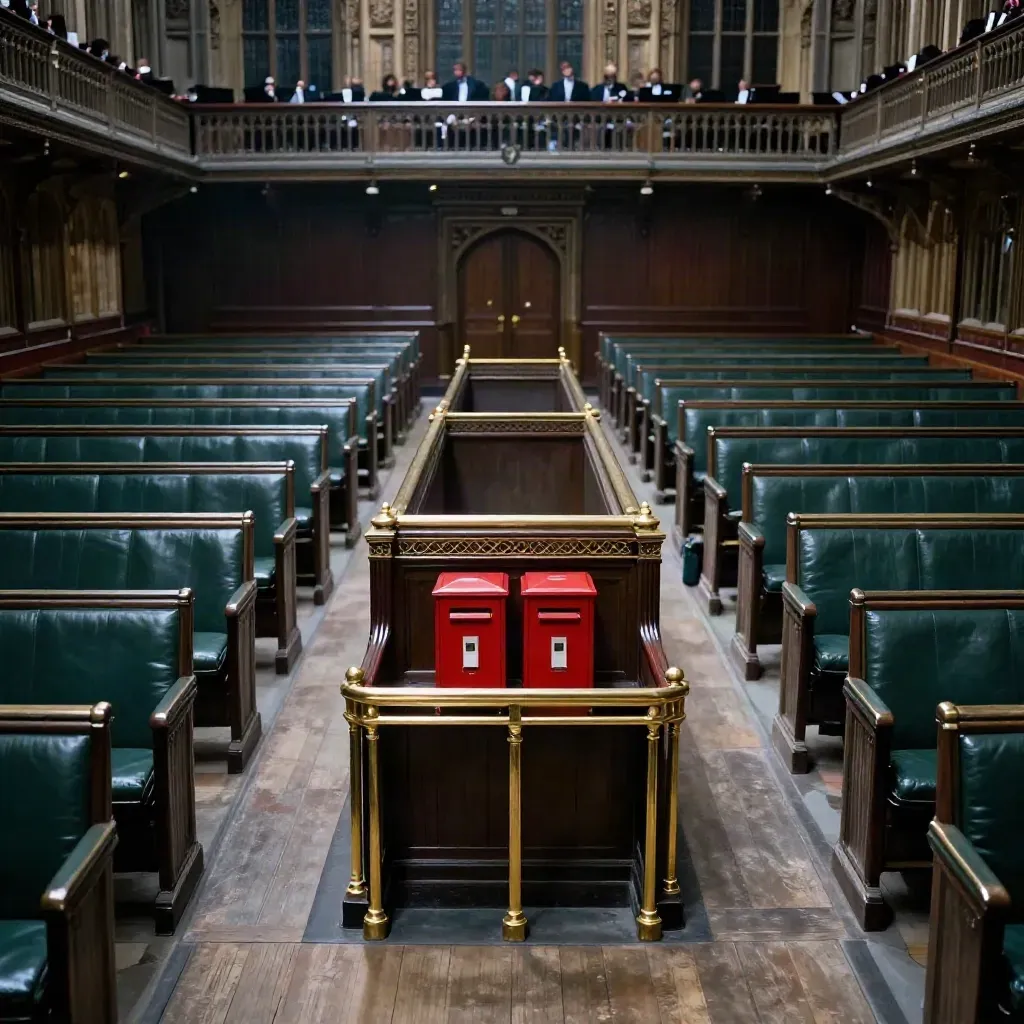 Empty House of Commons benches and dispatch boxes after a vote, seen from the aisle