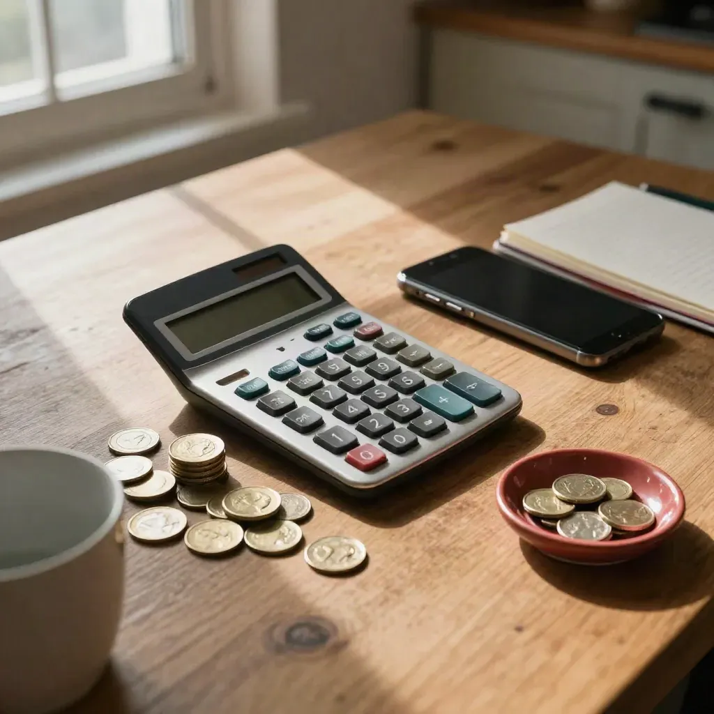 Budget calculator, coin stacks, phone and folded notebook on a kitchen table in moody afternoon light.