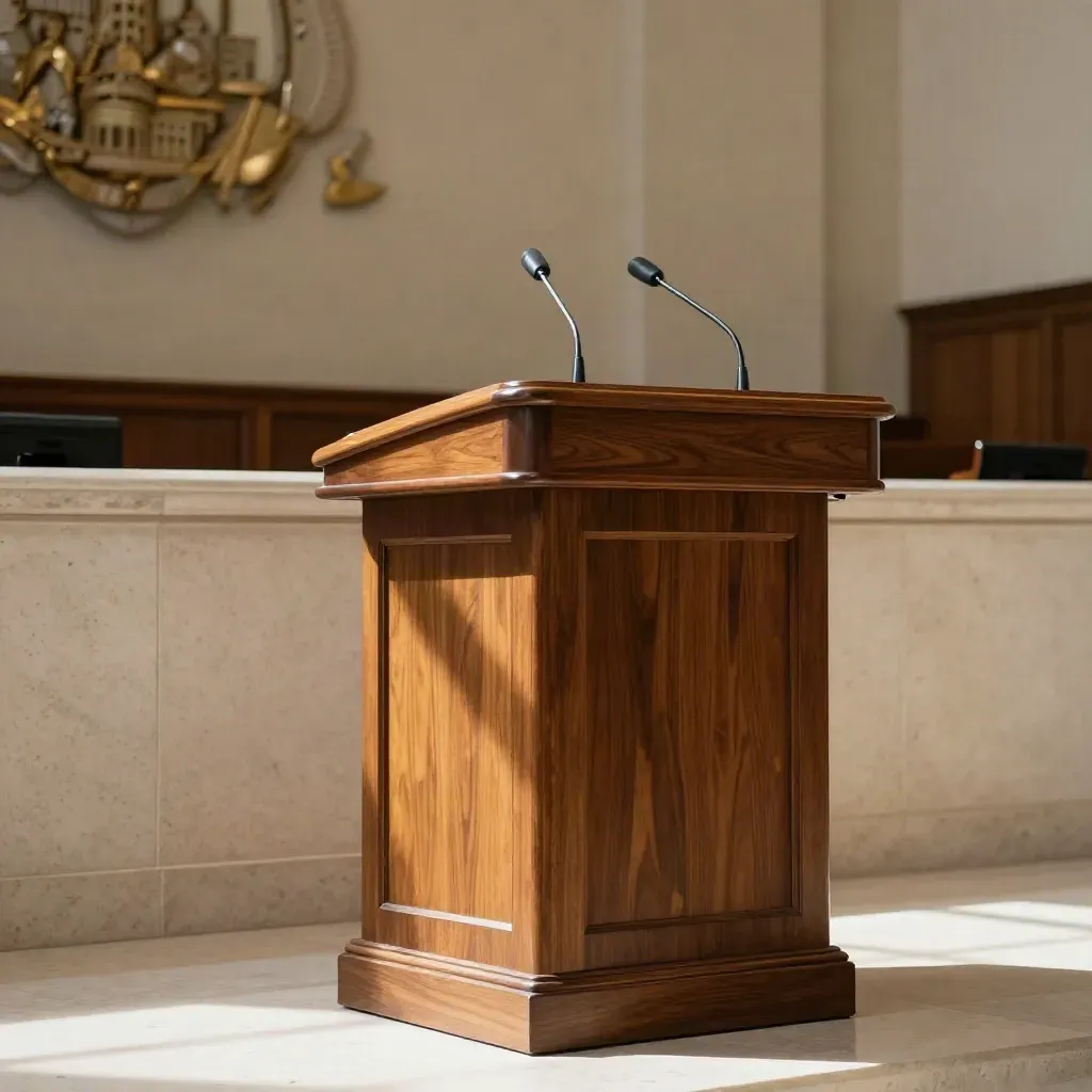 City Hall lectern with twin microphones and blurred crest in warm daylight.