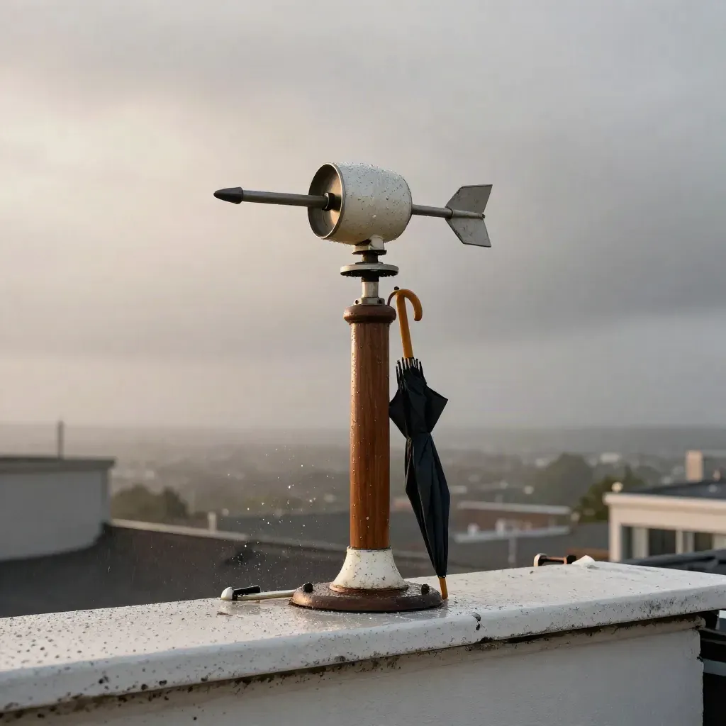 Rooftop anemometer on a rain-spotted ledge with storm sky and folded umbrella stand