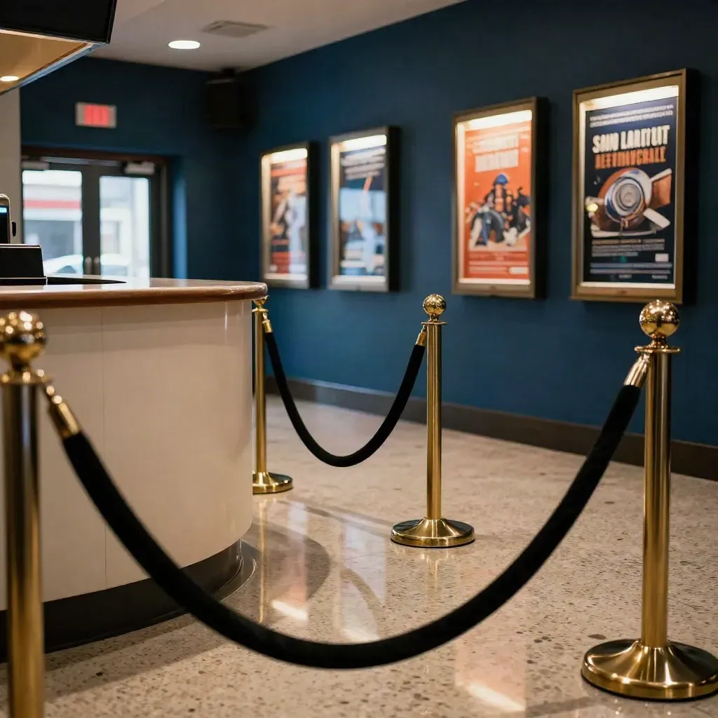 Empty cinema foyer with velvet ropes, glowing poster cases, and bright entrance spill.