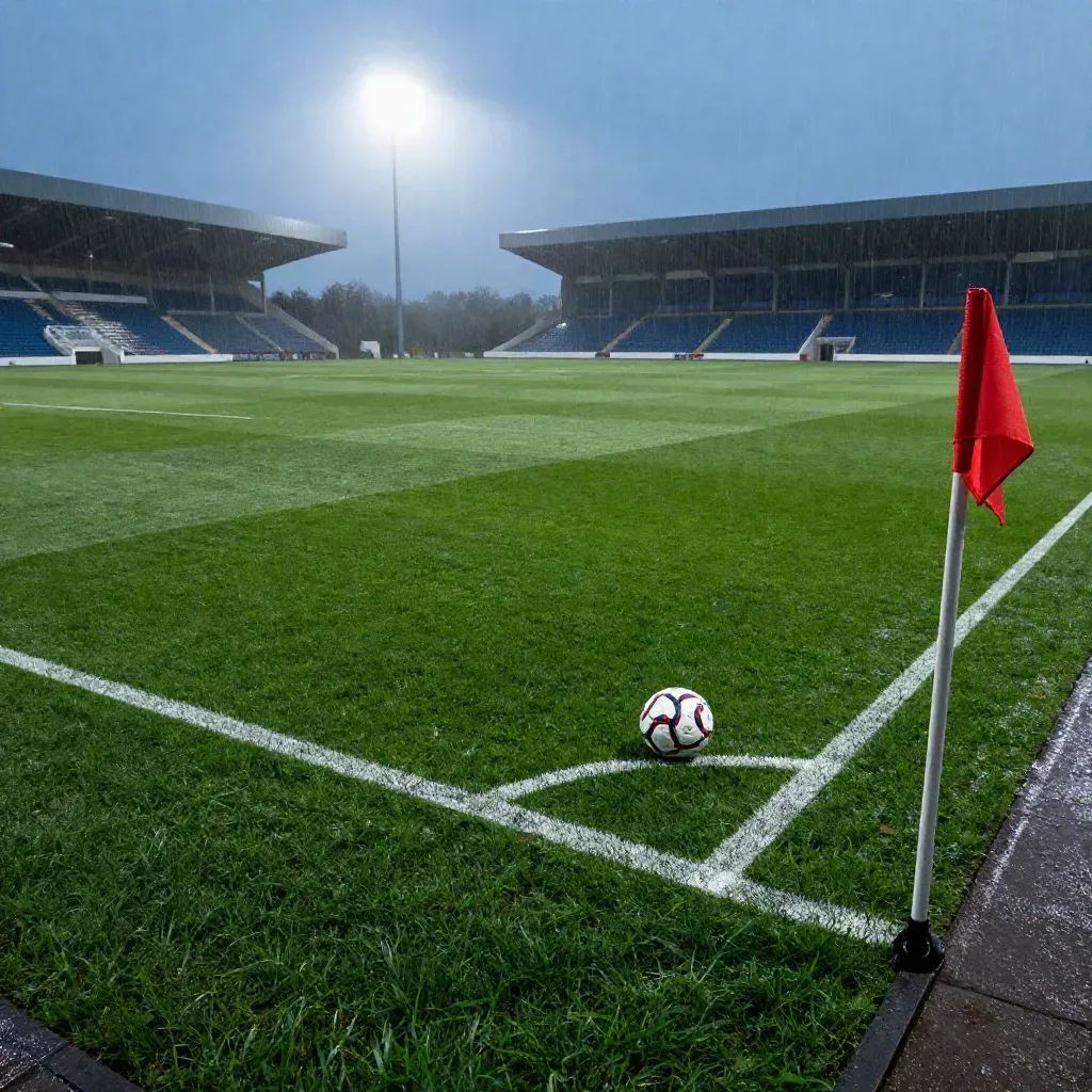 Rain-soaked football pitch with a lone ball near centre circle under bright floodlights