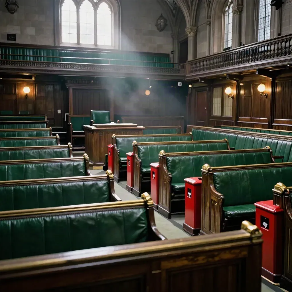 Empty House of Commons chamber with green benches, brass rail and red dispatch boxes in late-afternoon light.