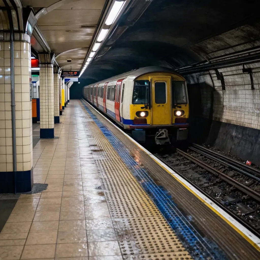 Deserted London Underground platform with wet yellow line, train nose and tiled columns.