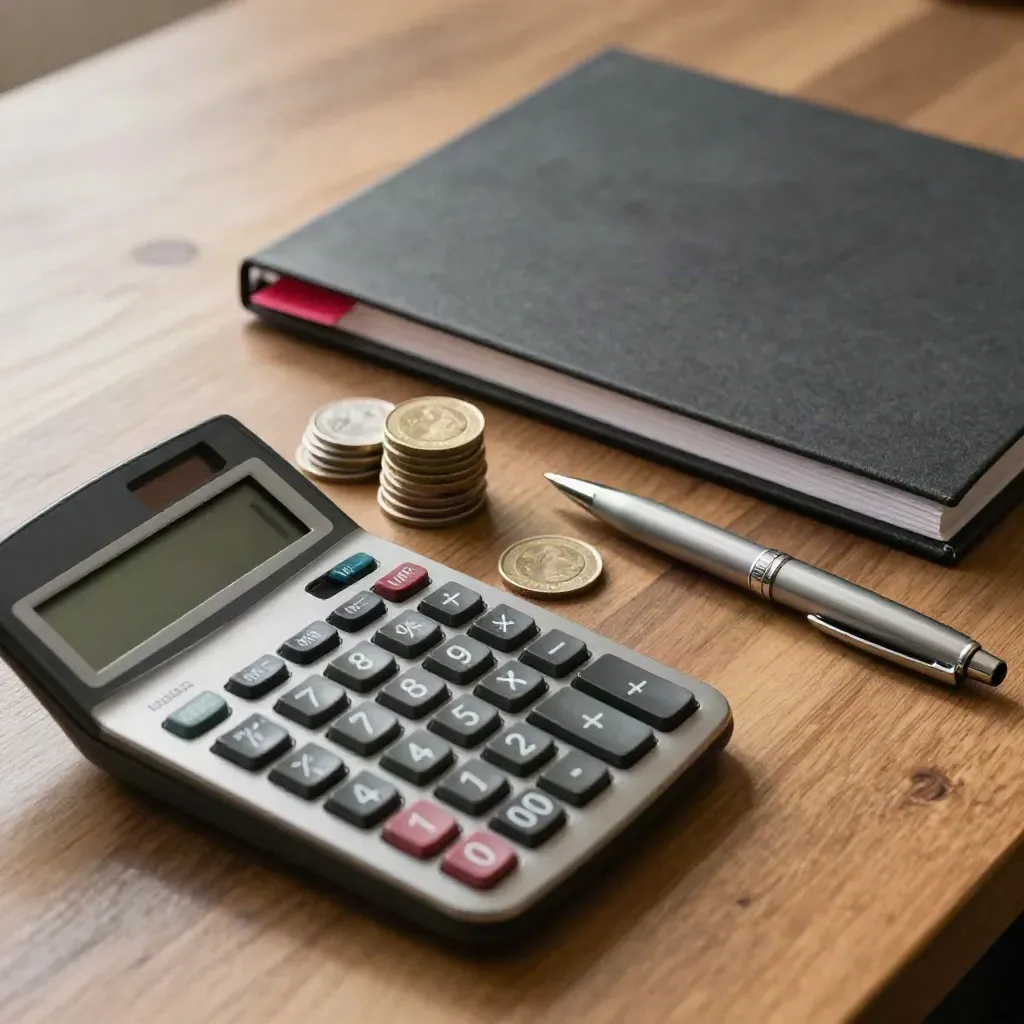 Top-down budget desk still life with calculator, coins, folder and clipped pen on warm wood.