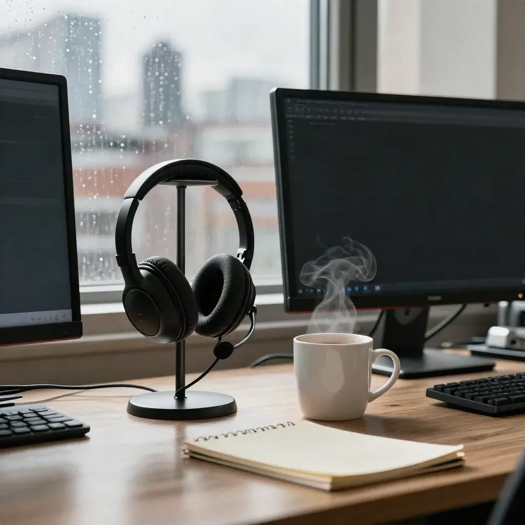 Manchester newsroom desk by rain-streaked windows, headset, monitors, coffee mug, skyline blur