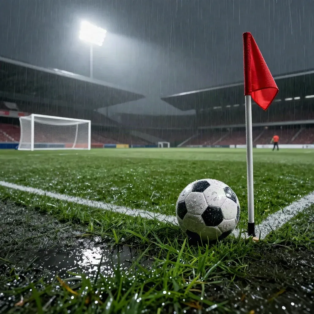 Wet football pitch with a ball, red corner flag, and floodlit stand in rain haze