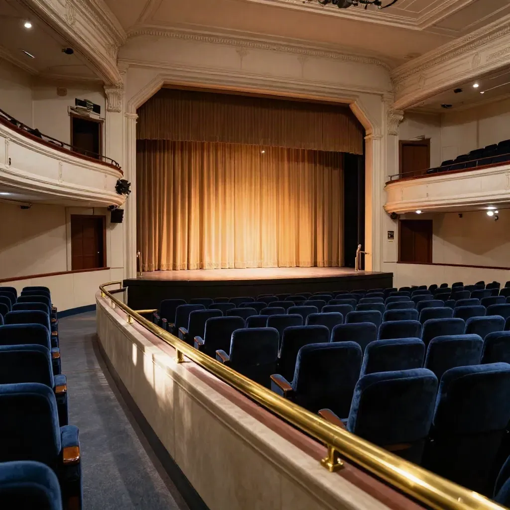 Empty theatre interior with velvet seats, brass rail and glowing curtain before curtain-up.