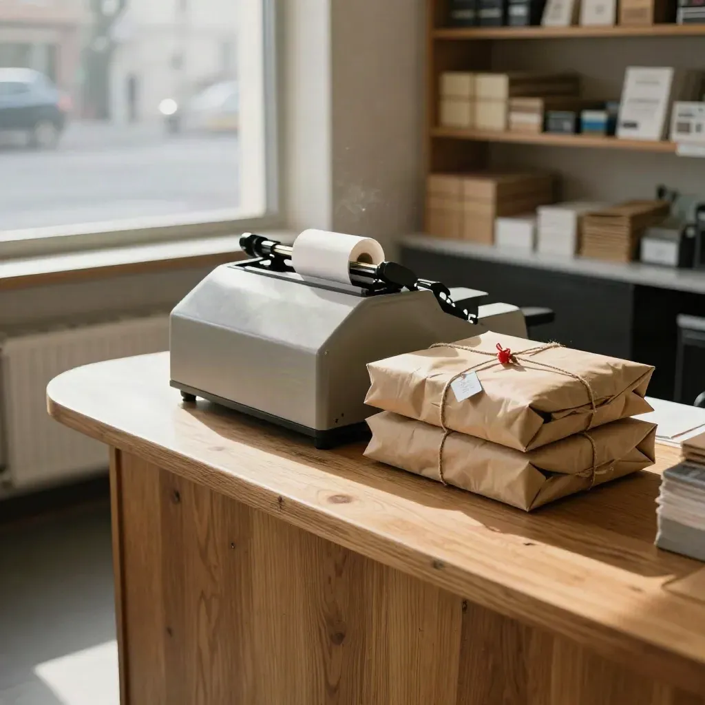 Cozy small-business counter with till, parcels, and morning window light.
