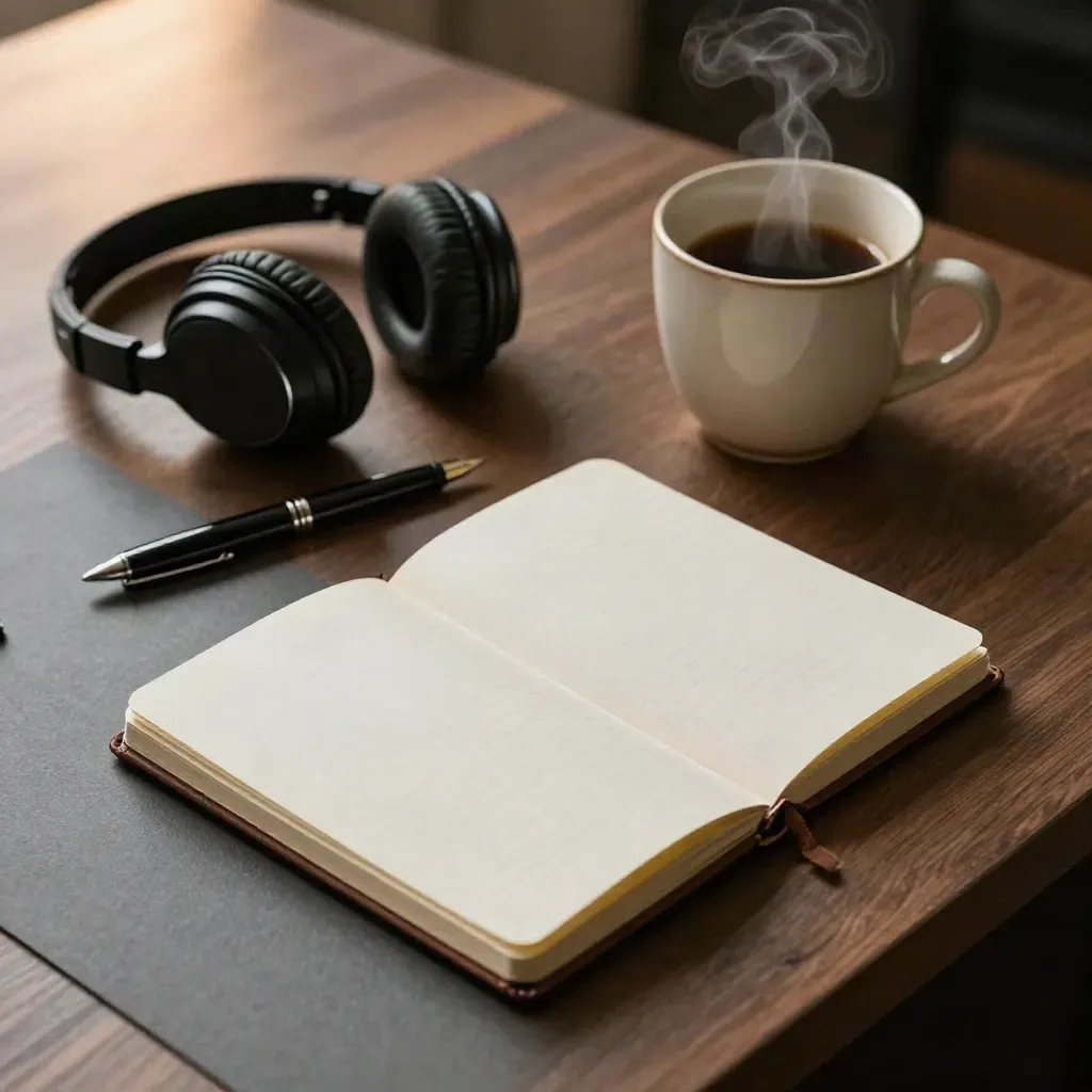 Late-night opinion desk with pen, headphones, steaming cup and turned notebook
