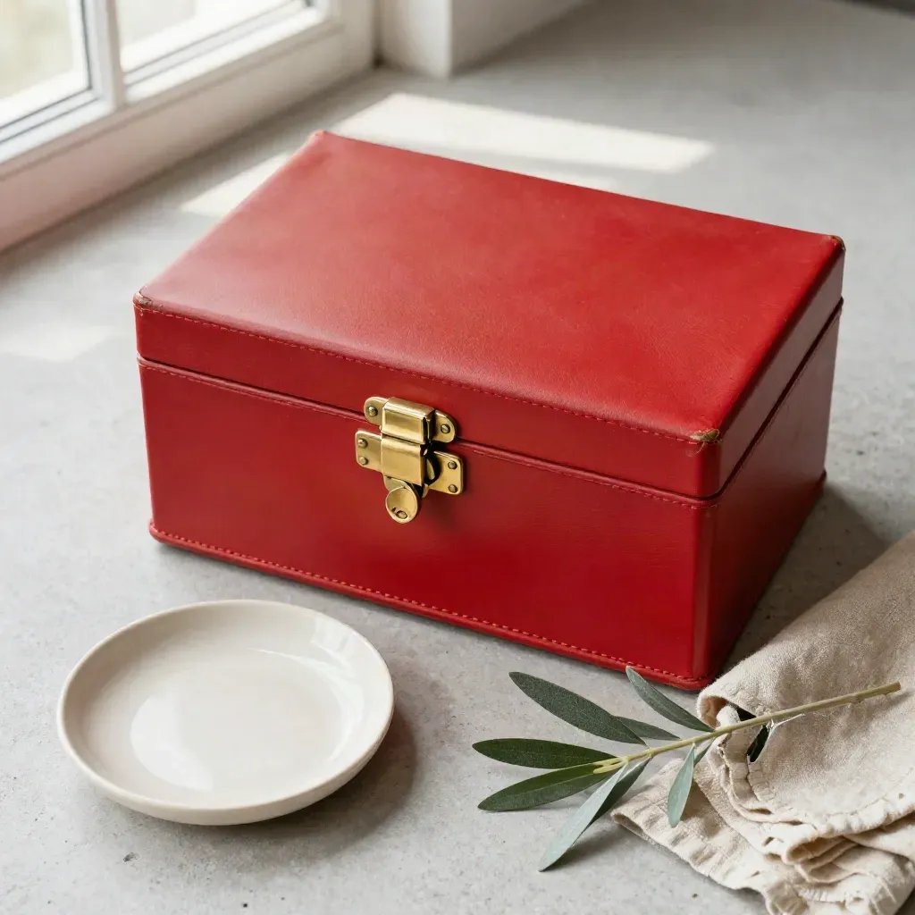 Red dispatch box, linen, ceramic dish and olive sprig on concrete, seen from overhead.