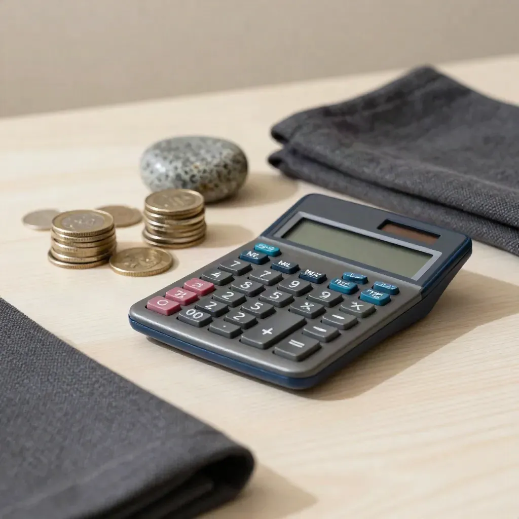 Calculator, coins, cloth and paperweight on pale wood in soft daylight.