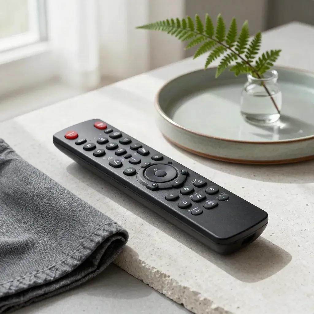 Black remote, slate cloth, ceramic tray, and fern cutting on a soft plaster sweep.