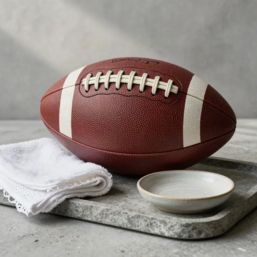 Scuffed football on stone tray with lace, towel and ceramic dish in soft morning light.