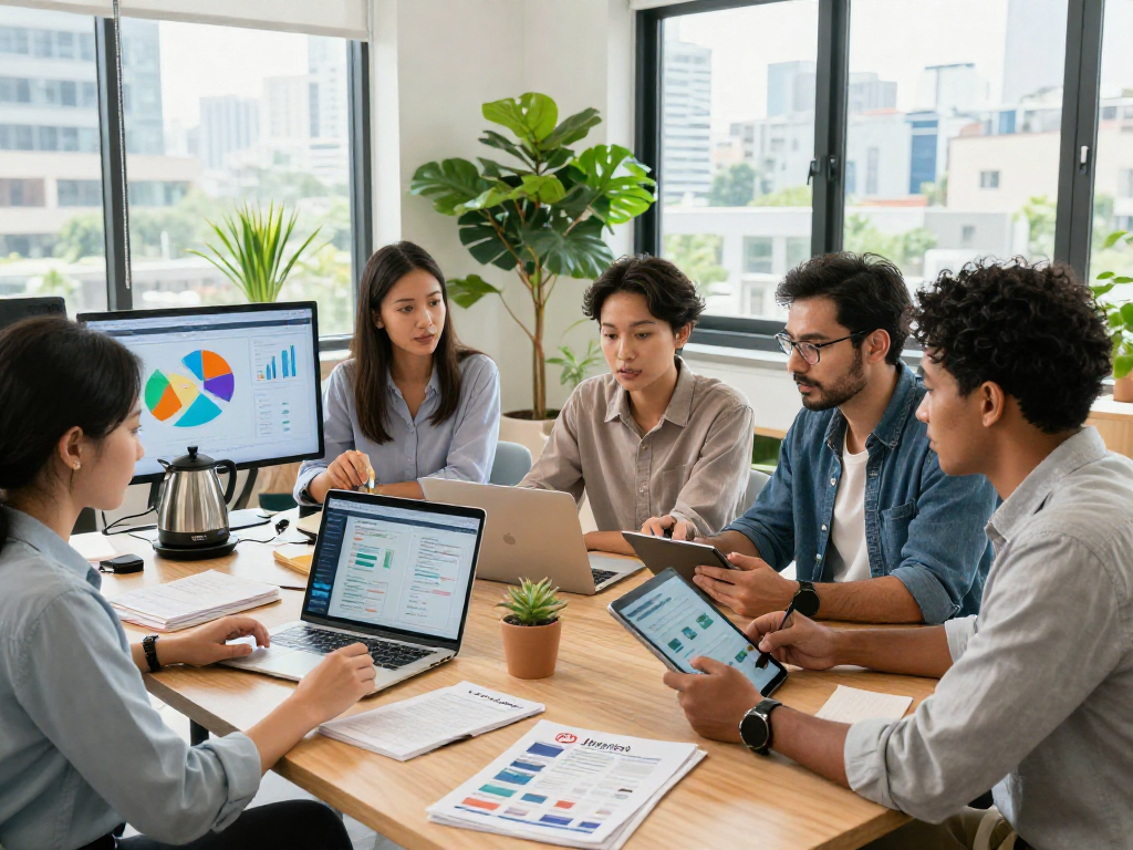 Airbnb property management team collaborating in a vibrant office setting, focusing on income strategies and guest experience.