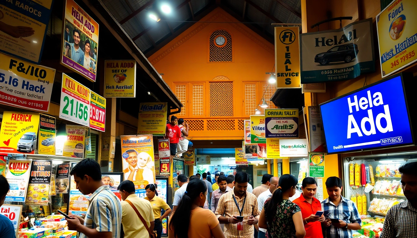 Engaging market scene promoting Hela Add services in Sri Lanka.