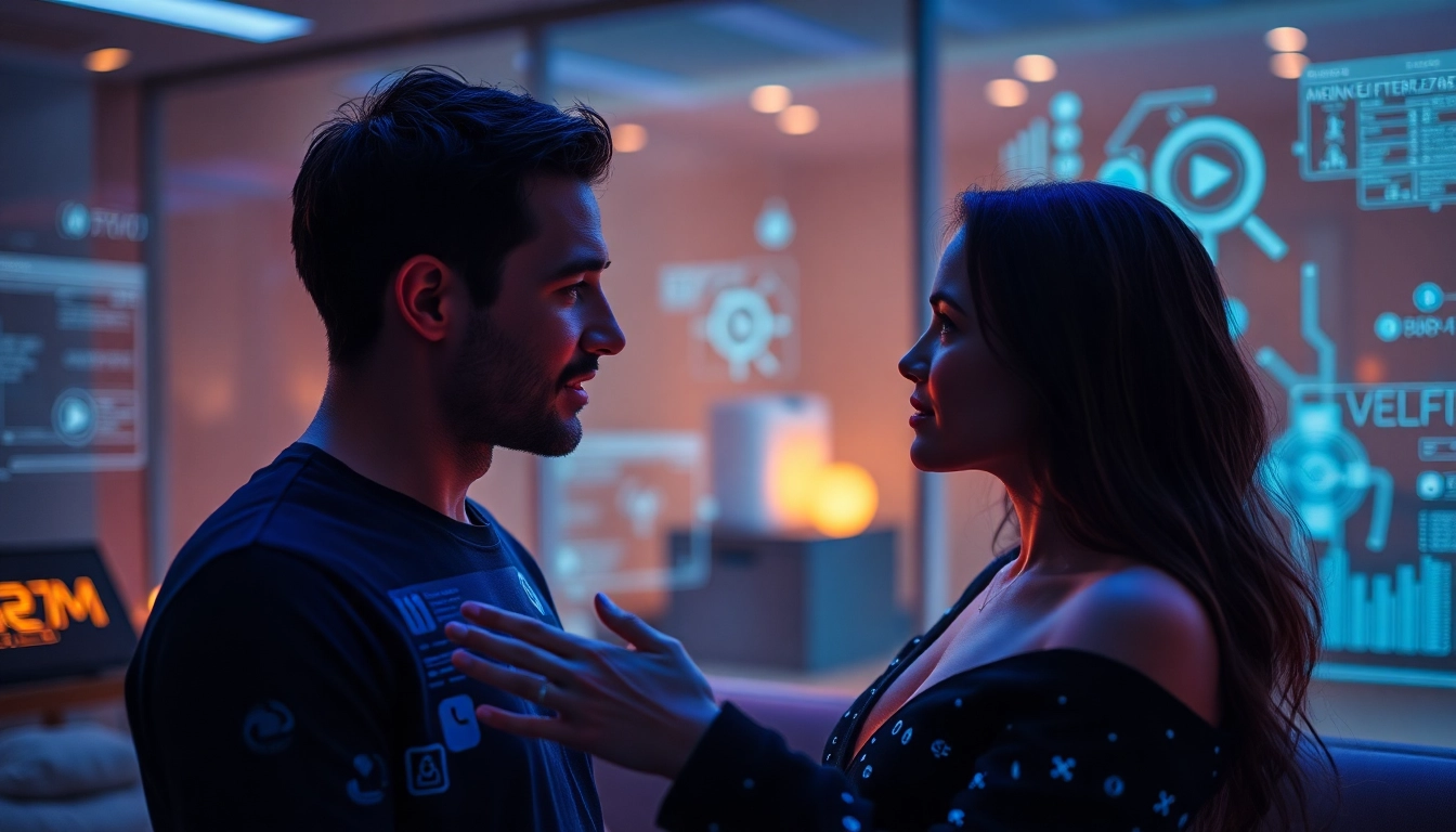 AI sex interaction with a human in a futuristic digital environment.