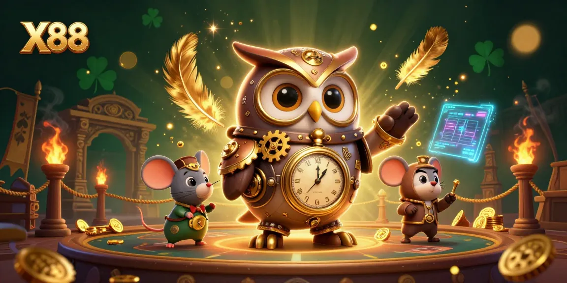X88 showcases a steampunk owl and mouse in a vibrant casino scene with dynamic gaming elements.