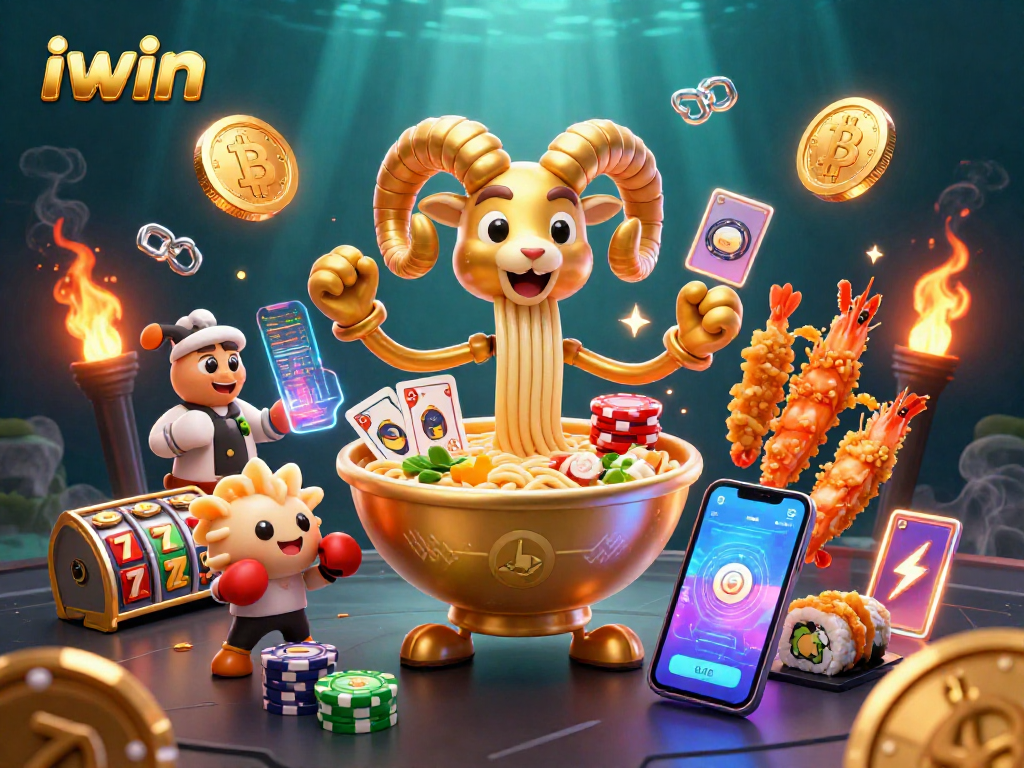Engage in exciting slots and jackpots with iwin's animated ramen characters and crypto elements.