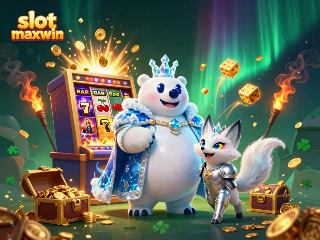 Engage with the vibrant scene of slot maxwin featuring exciting slot machines, a polar bear king, and treasure chests.