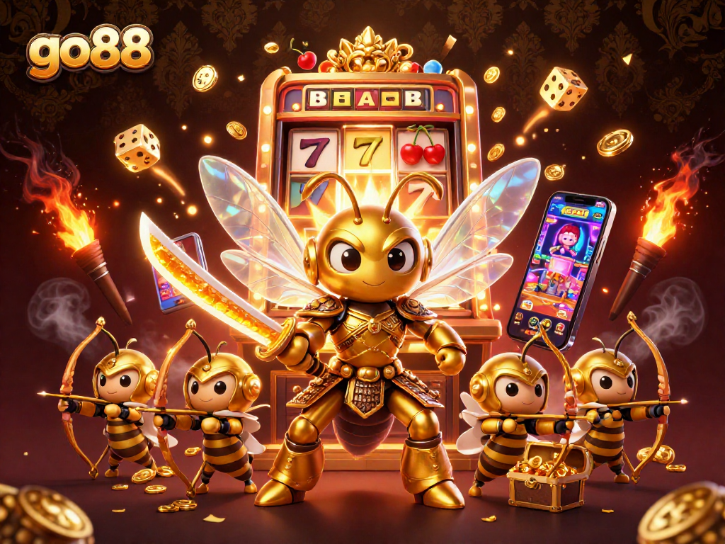 Spin the reels at go88 with vibrant casino symbols and rich 3D characters in an exciting scene.