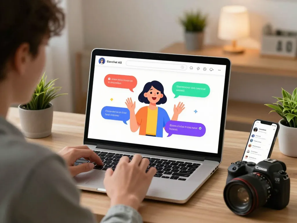Engaging interaction with sex chat AI displayed on a laptop screen in a modern home office.