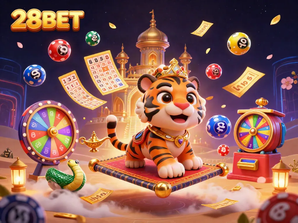 Engage in thrilling games with 28BET, showcasing vibrant lottery balls and casino magic.