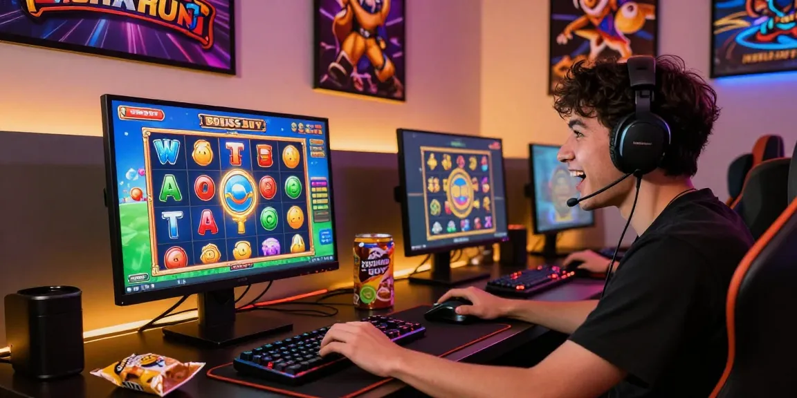 Explore the excitement of bonus buy slots at https://crownnorthill.co.uk, featuring an enthusiastic player gaming with vibrant slot graphics in a cozy setup.
