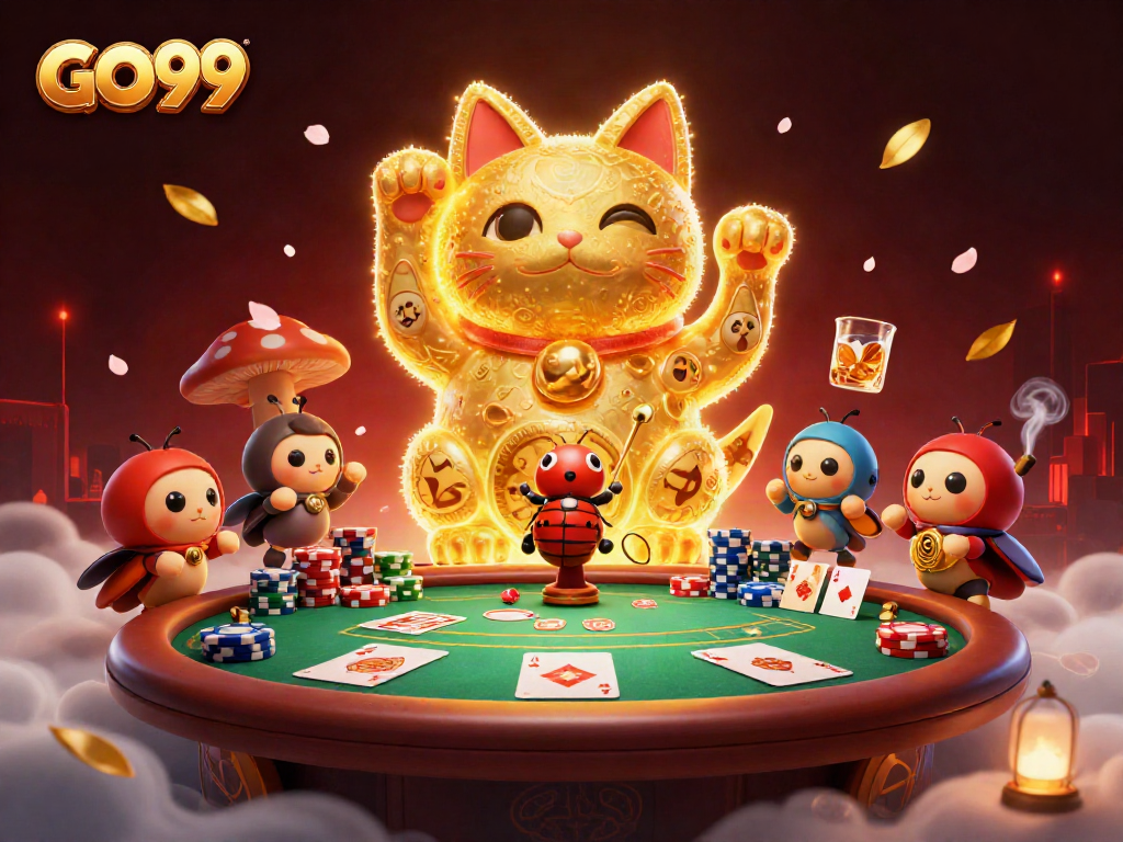 Experience GO99’s dynamic casino scene with a golden lucky cat and vibrant poker elements.