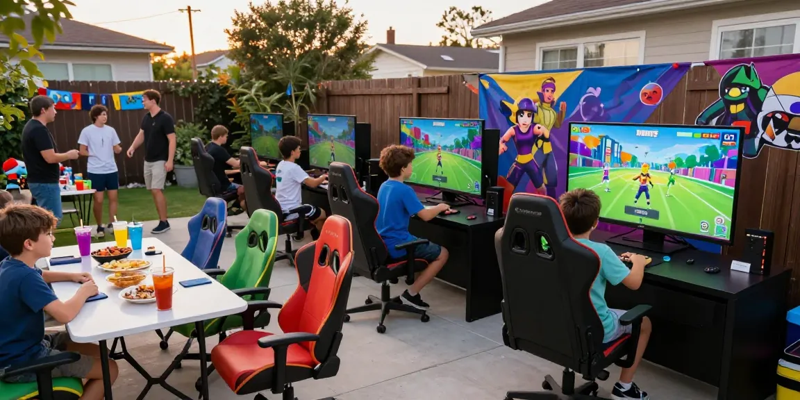 Exciting gaming party London setup with kids enjoying Fortnite on large screens.