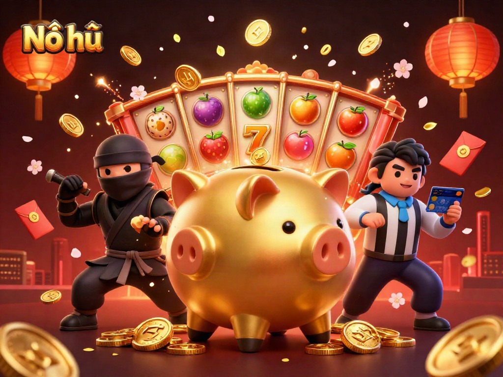 Nổ hũ action illustration featuring a sumo piggy bank and a ninja amidst slot games and festive elements.
