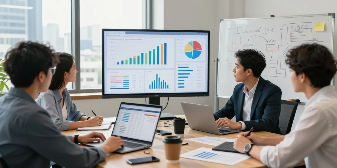 Team analyzing business performance metrics at https://factors.org.uk in a modern office.