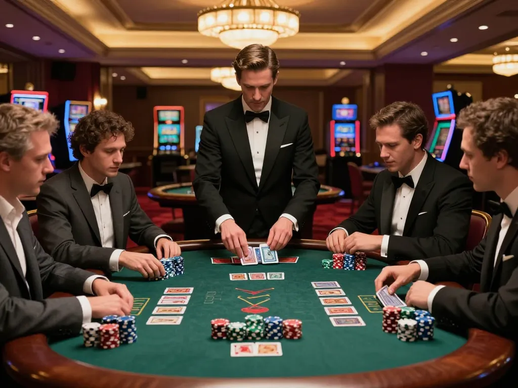Players engaging in intense blackjack gameplay at a high-stakes table in an upscale casino, featuring windd strategy and vibrant atmosphere.
