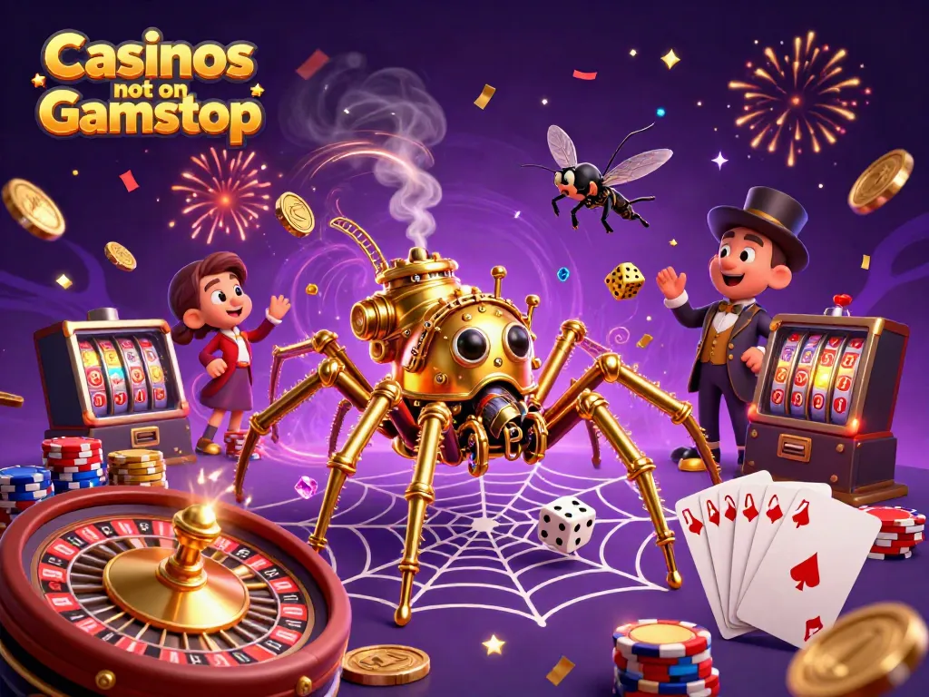 Cascading golden coins and a whimsical steampunk scene depicting Casinos not on Gamstop in a vibrant atmosphere.