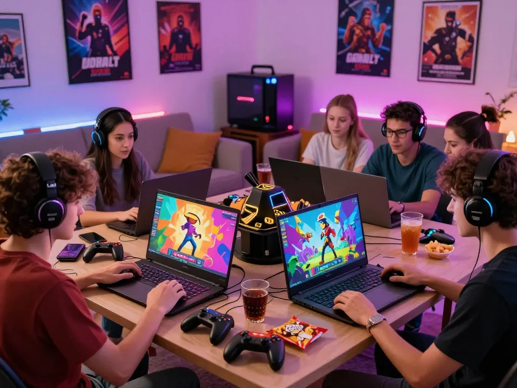 Engaged friends playing porn games online in a cozy gaming room.