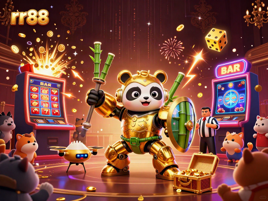 Experience the vibrant world of rr88 with a dynamic 3D illustration showcasing an exciting casino scene filled with animated characters and game elements.