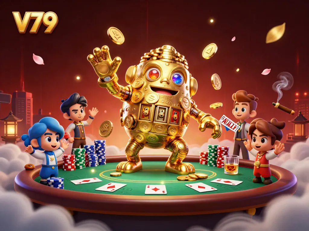 Experience the thrill of V79 with a golden golem and vibrant casino elements in a dynamic 3D scene.