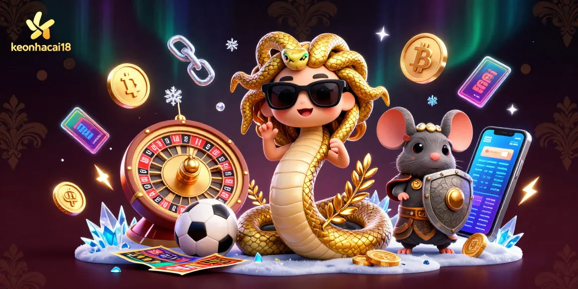 Engage in sports betting excitement with keonhacai18's lively scene of a friendly Medusa and golden coins.