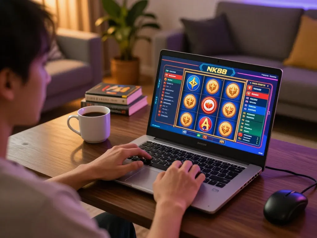 Player engaging with NK88 online slot game on laptop in cozy living room setting