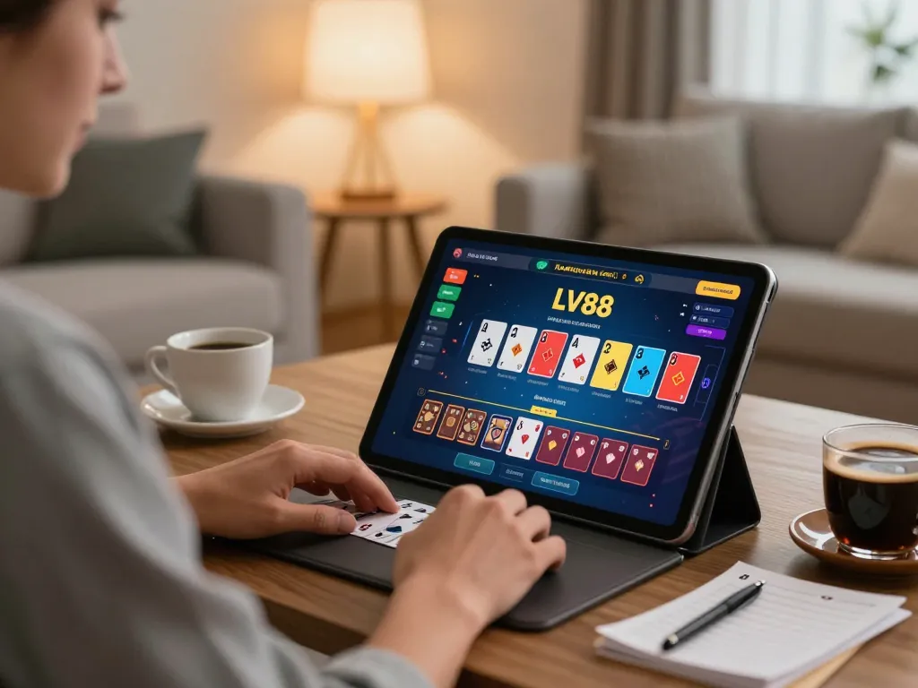 Player engaging in online poker at home using LV88's vibrant gaming interface