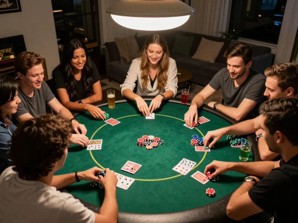 Players enjoy a friendly poker game at home, showcasing DN88's gaming experience and social atmosphere.