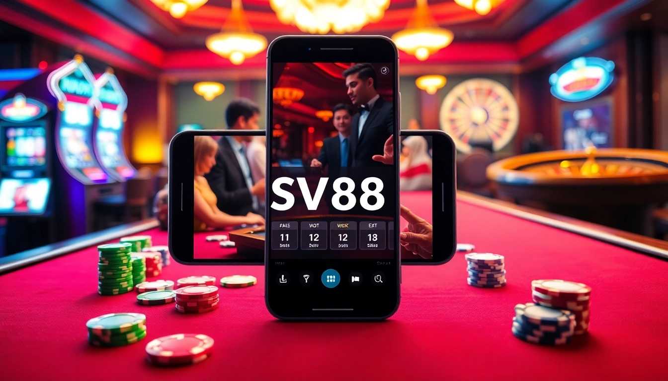 Experience the SV88 app for mobile gambling with players on a vibrant poker table.